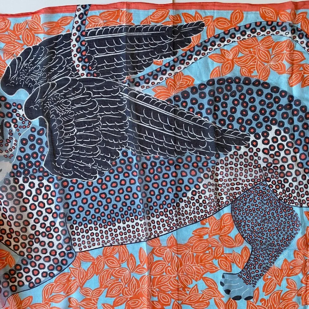 Inouitoosh Cotton and Silk Wing Cheetah Orange Blue Scarf 78"x38" - Picture 5 of 8